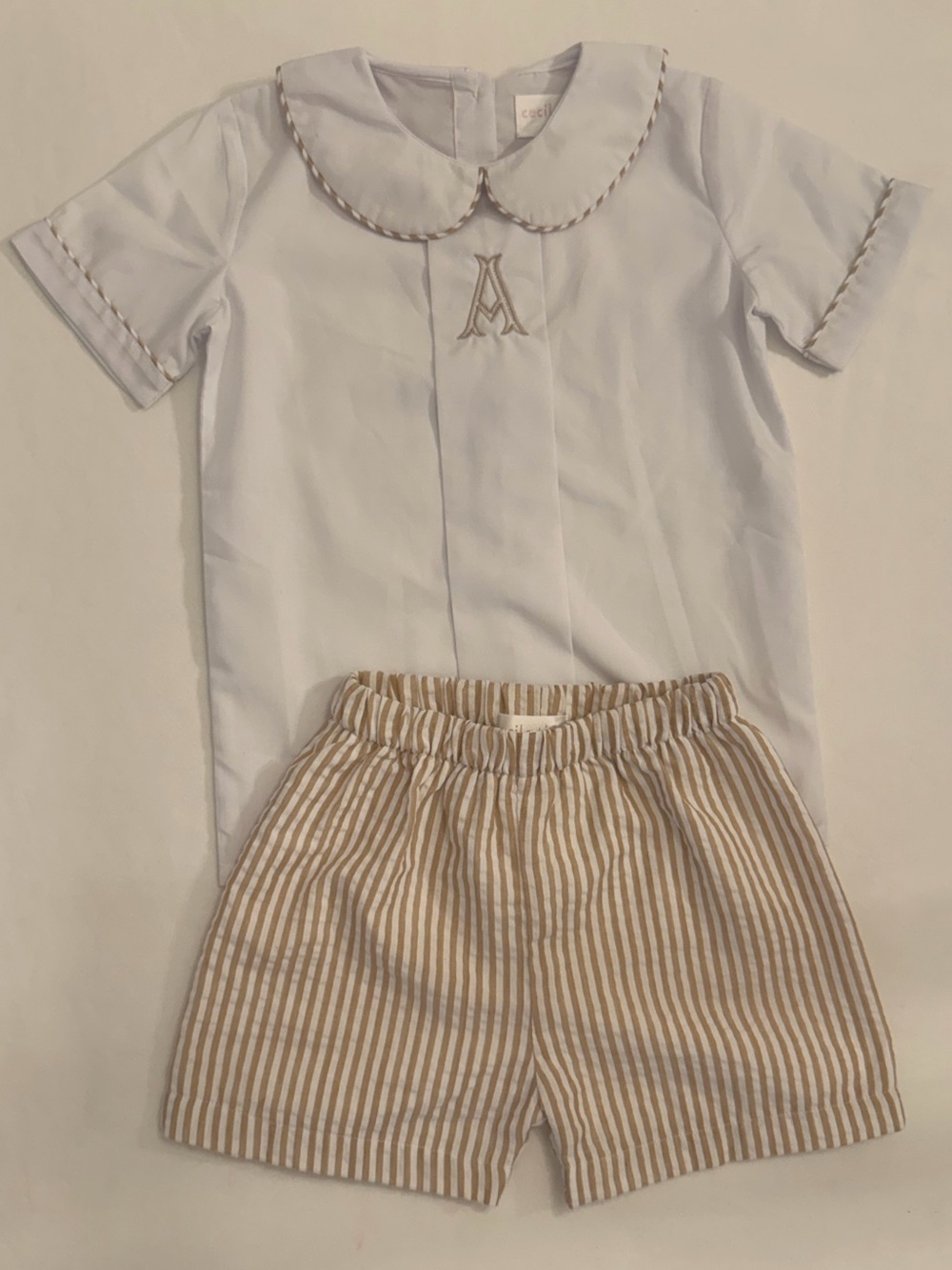Cecil and Lou White Peter Pan Collar Top with Beige Seersucker Striped Shorts 4T